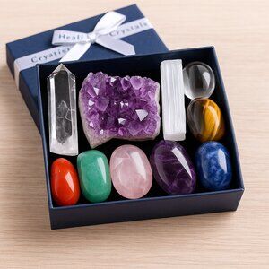 Healing Crystal Set Gift Box – 10 Natural Stones, Chakra Balancing Kit - NEW